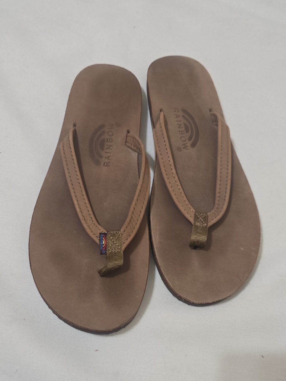 Rainbow Men's Brown Leather-Look Flip Flops with Tan Accents ( See Measurement)